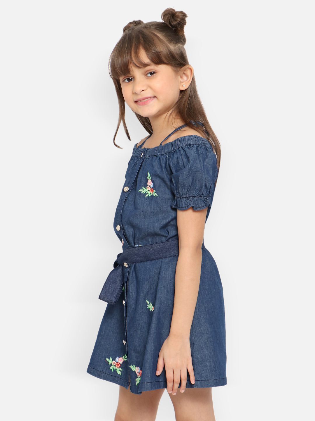 Nautinati Girls Floral Embroidered Puff Sleeve Denim Cotton A-Line Mini Dress With Belt