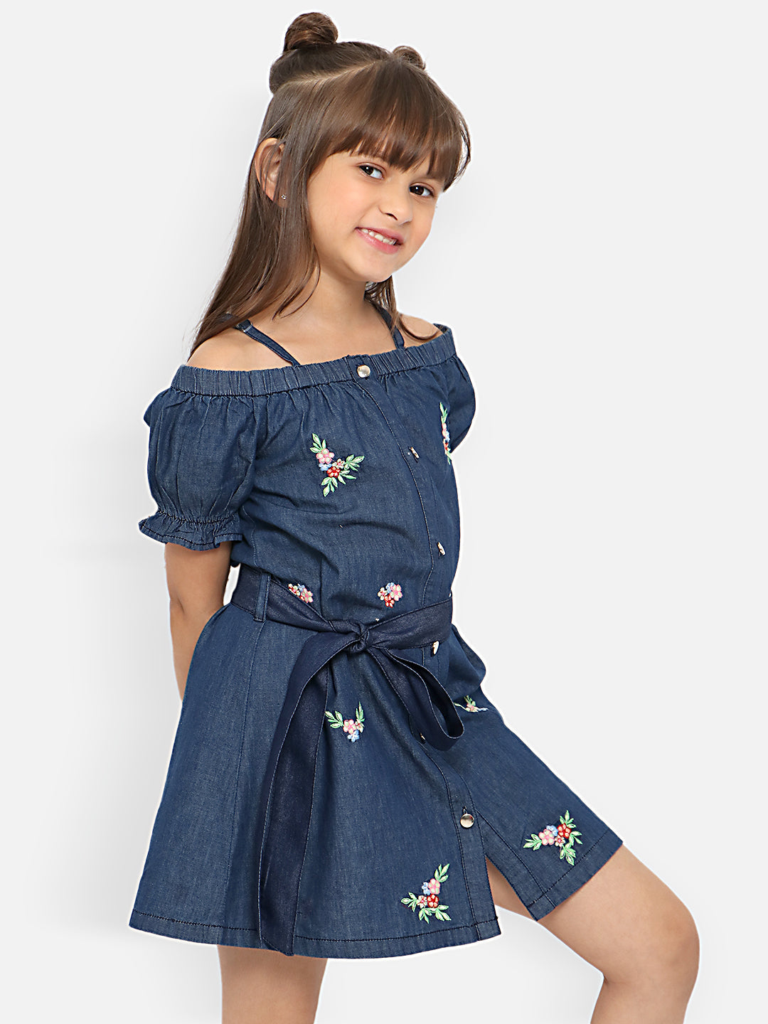 Nautinati Girls Floral Embroidered Puff Sleeve Denim Cotton A-Line Mini Dress With Belt