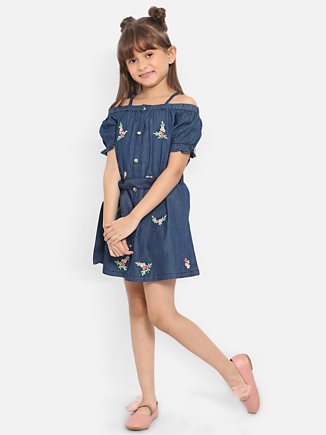 Nautinati Girls Floral Embroidered Puff Sleeve Denim Cotton A-Line Mini Dress With Belt