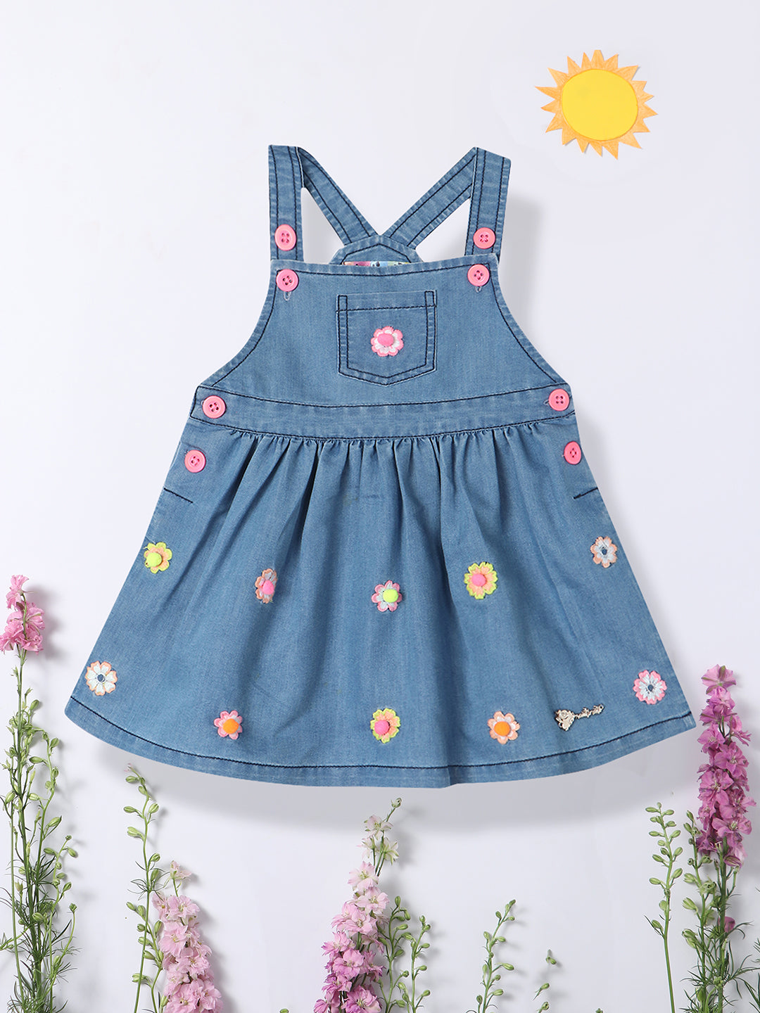 Nautinati Girls Floral Embroidered Denim Pinafore Dress