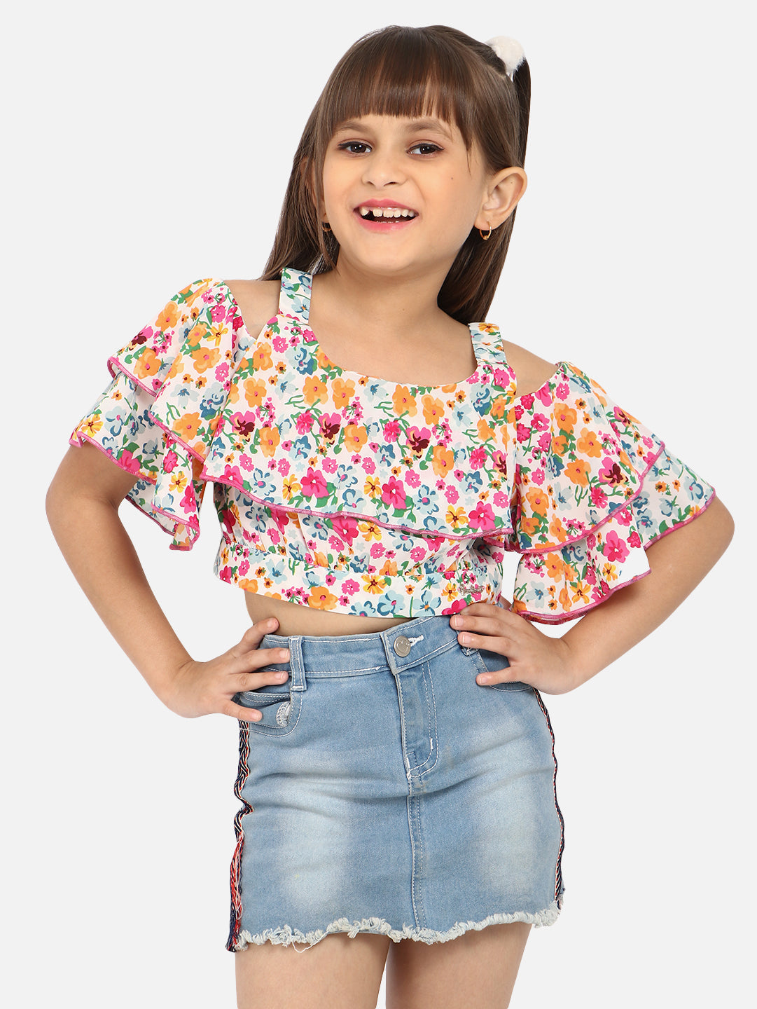 Nautinati Floral Printed Cold-Shoulder Layered Crop Top