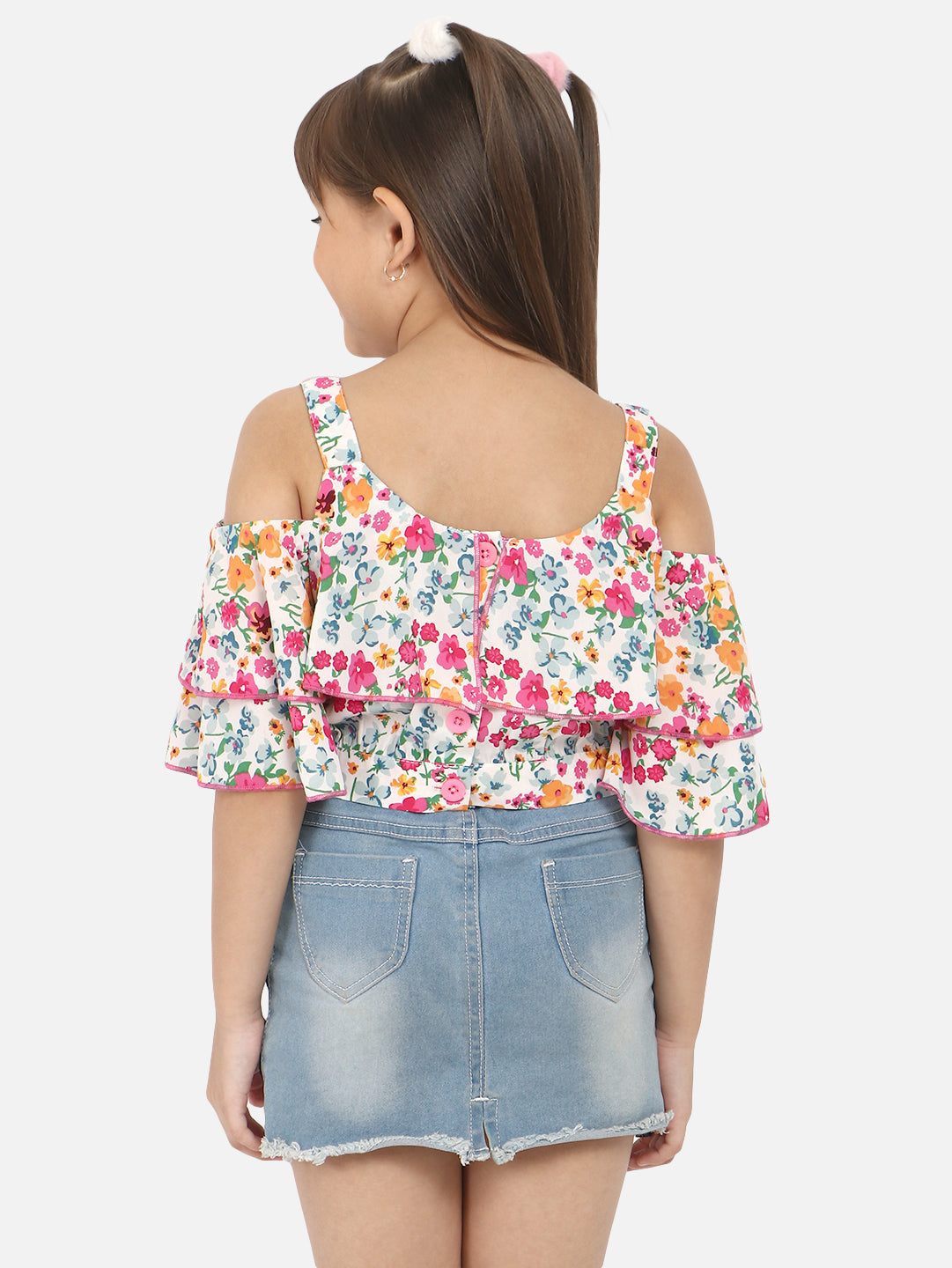 Nautinati Floral Printed Cold-Shoulder Layered Crop Top