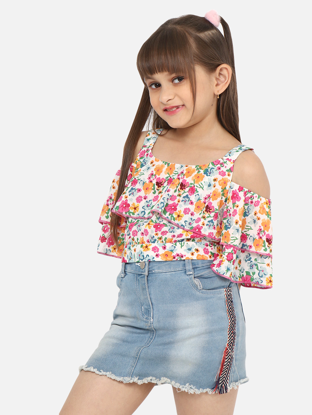 Nautinati Floral Printed Cold-Shoulder Layered Crop Top