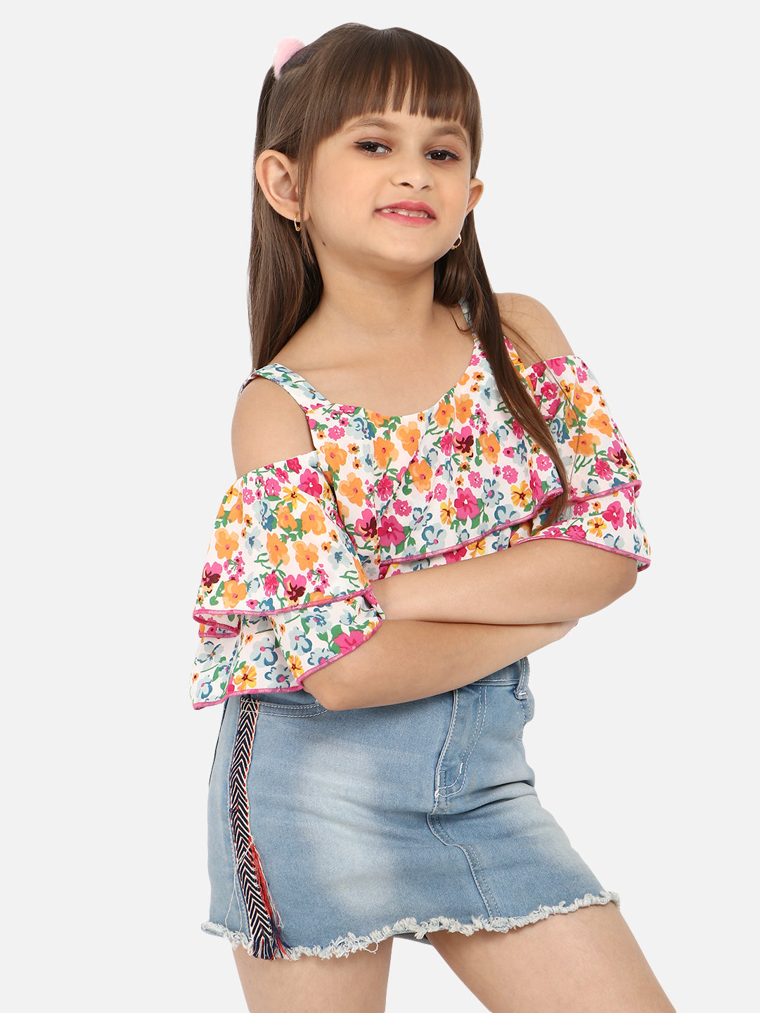 Nautinati Floral Printed Cold-Shoulder Layered Crop Top