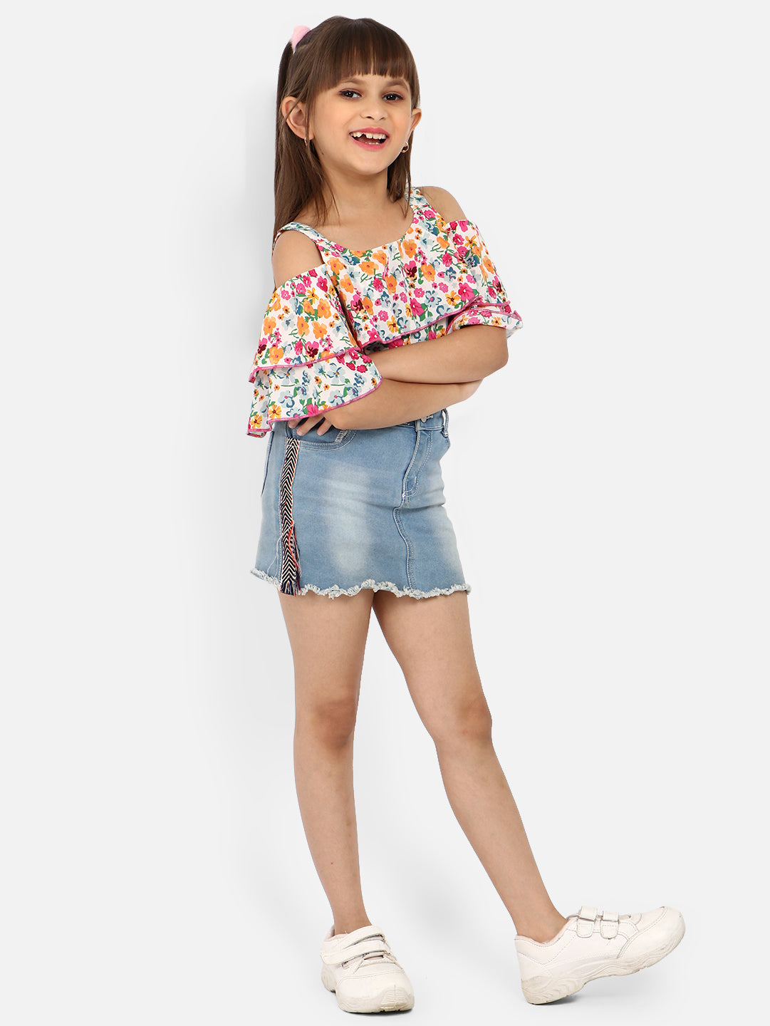 Nautinati Floral Printed Cold-Shoulder Layered Crop Top