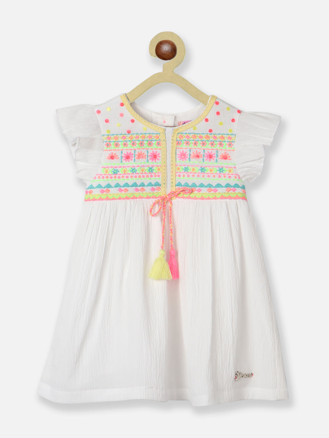 Nautinati Girls Floral Embroidered Flutter Sleeve Crepe Fit Flare Dress