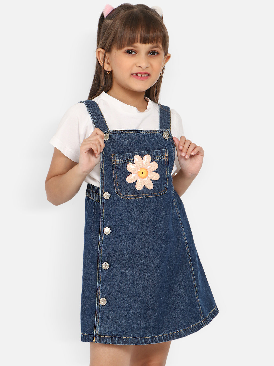 Nautinati Girls Cotton Flower Embroidery Dungaree Set