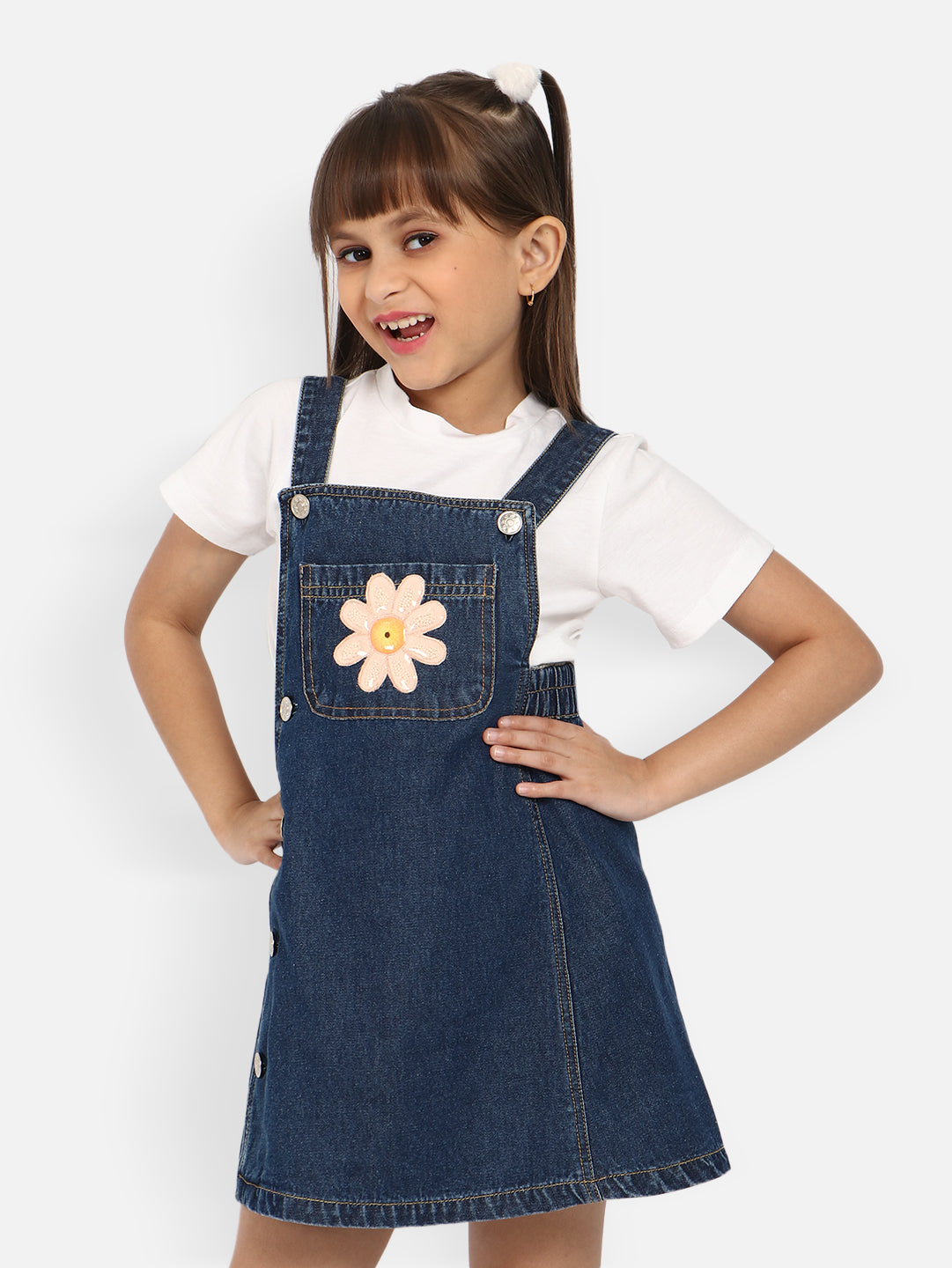 Nautinati Girls Floral Applique Denim Pinafore Dress