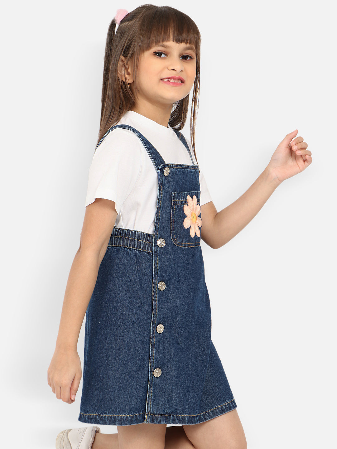 Nautinati Girls Cotton Flower Embroidery Dungaree Set