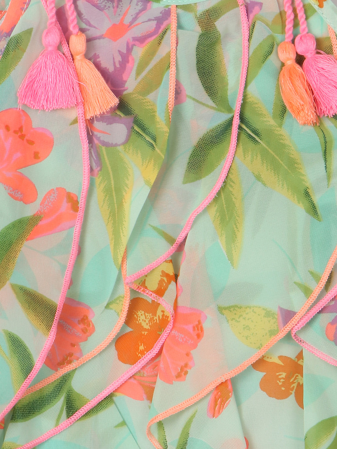 Nautinati Girls Floral Printed Shoulder Straps Ruffled Detailed A-Line Dress