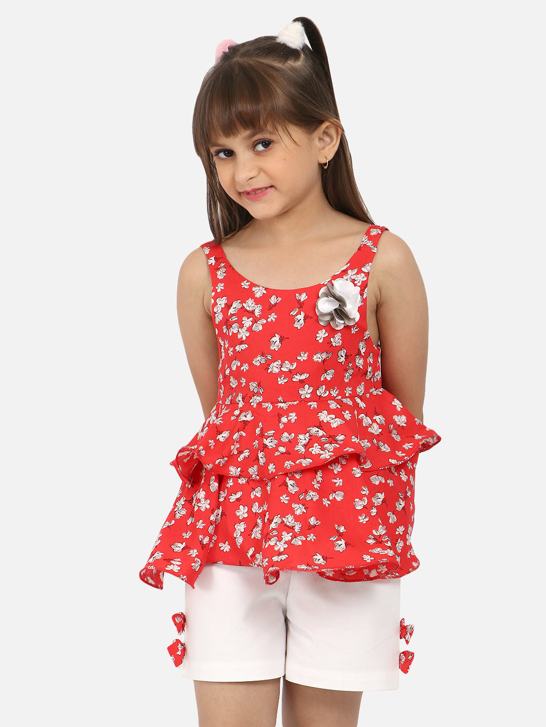 Nautinati Girls Floral Printed Shoulder Strap Top With Shorts