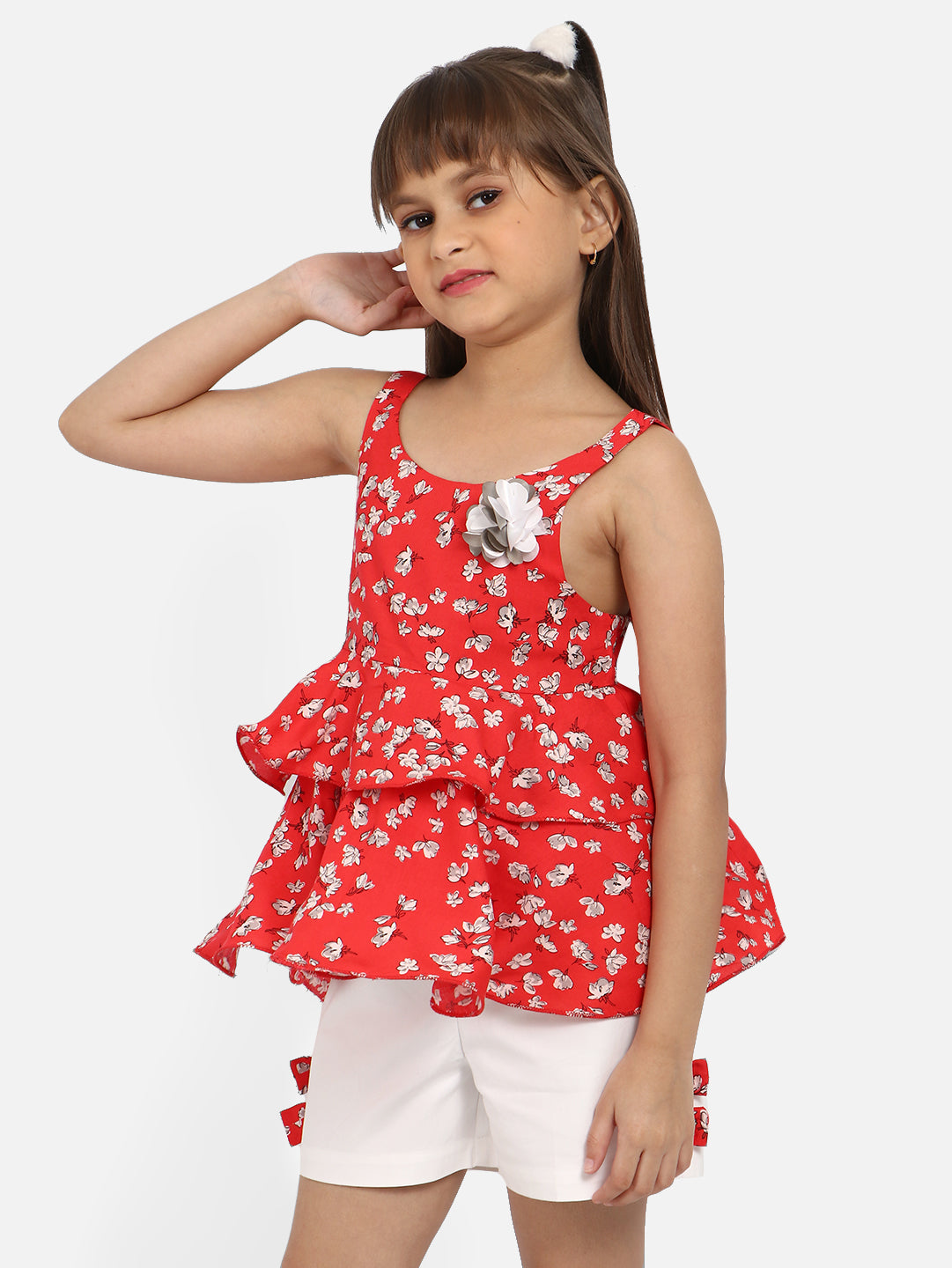 Nautinati Girls Floral Printed Shoulder Strap Top With Shorts