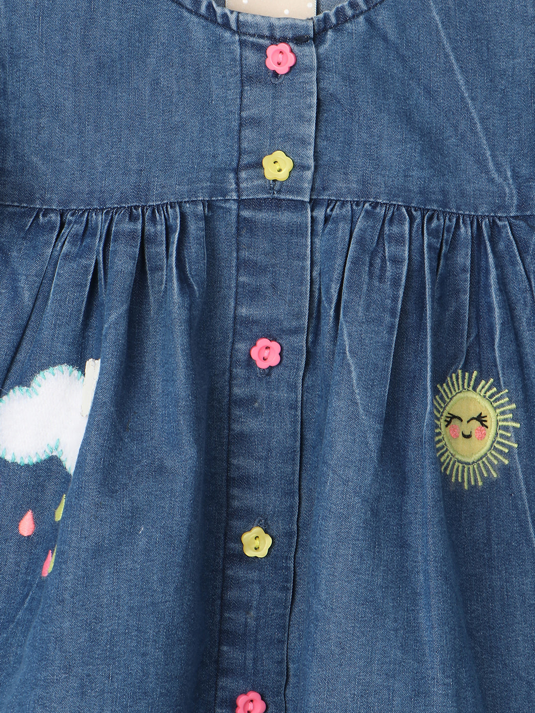 Nautinati Girls Applique Detailed Flutter Sleeve Pure Cotton Denim A-Line Dress