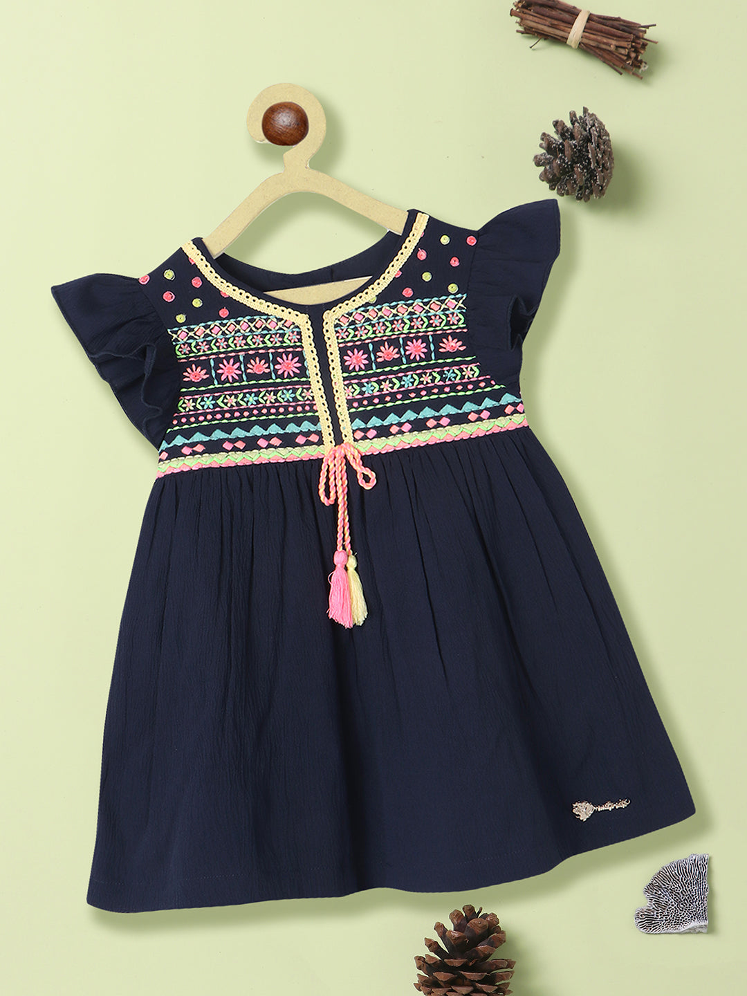 Nautinati Girls Floral Embroidered Flutter Sleeve Crepe A-Line Dress