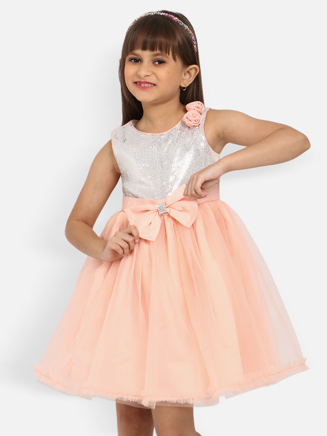 Nautinati Girls Embellished Sequinned Net Tulle Fit Flare Dress