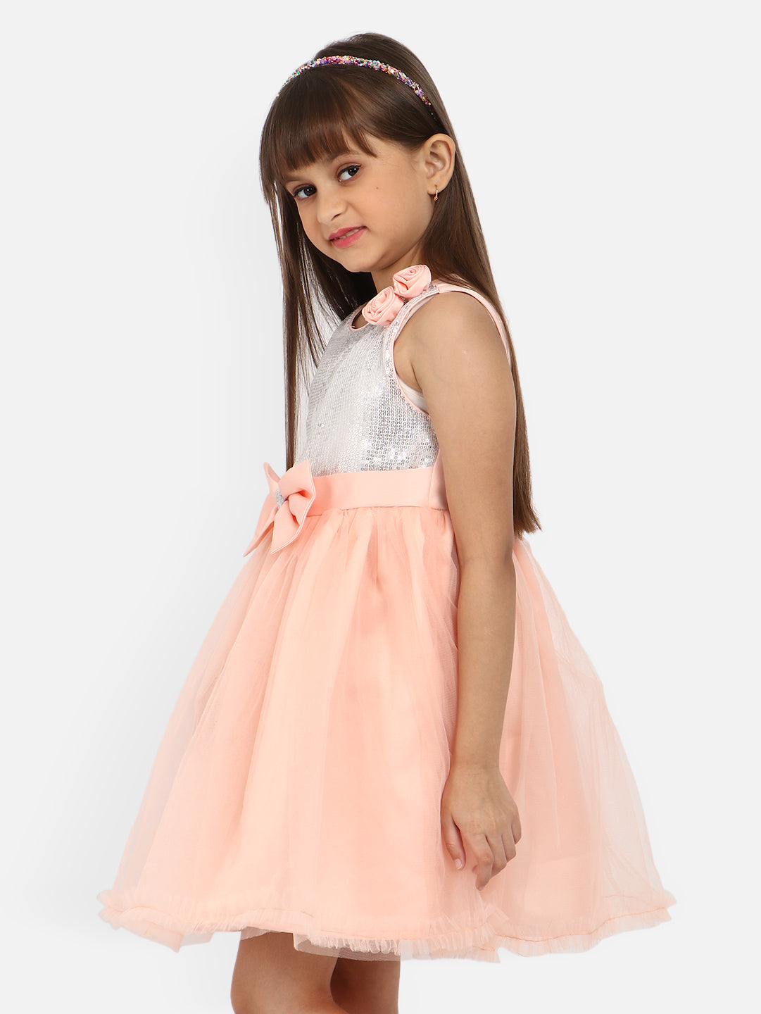 Nautinati Girls Embellished Sequinned Net Tulle Fit Flare Dress