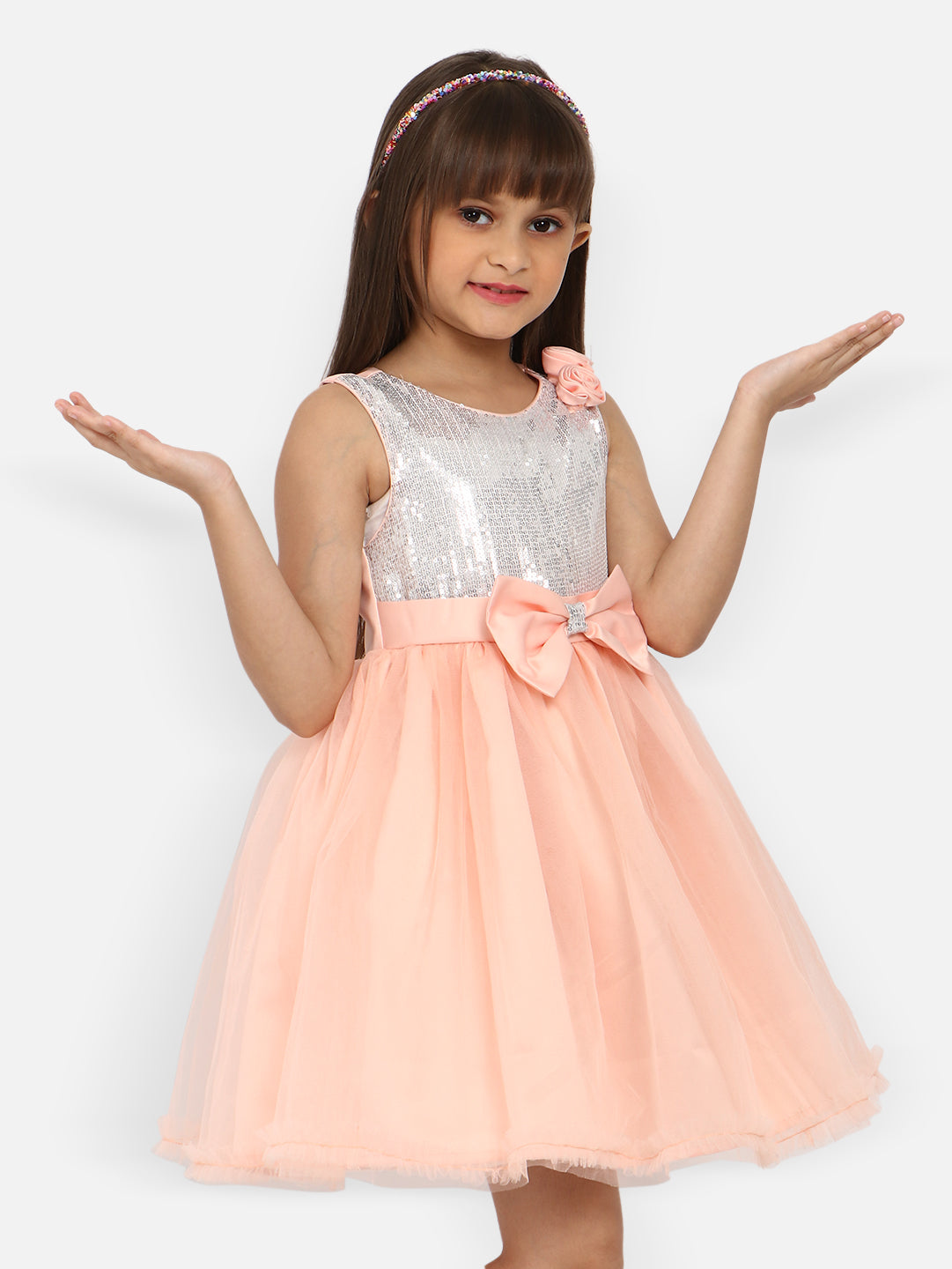 Nautinati Girls Embellished Sequinned Net Tulle Fit Flare Dress