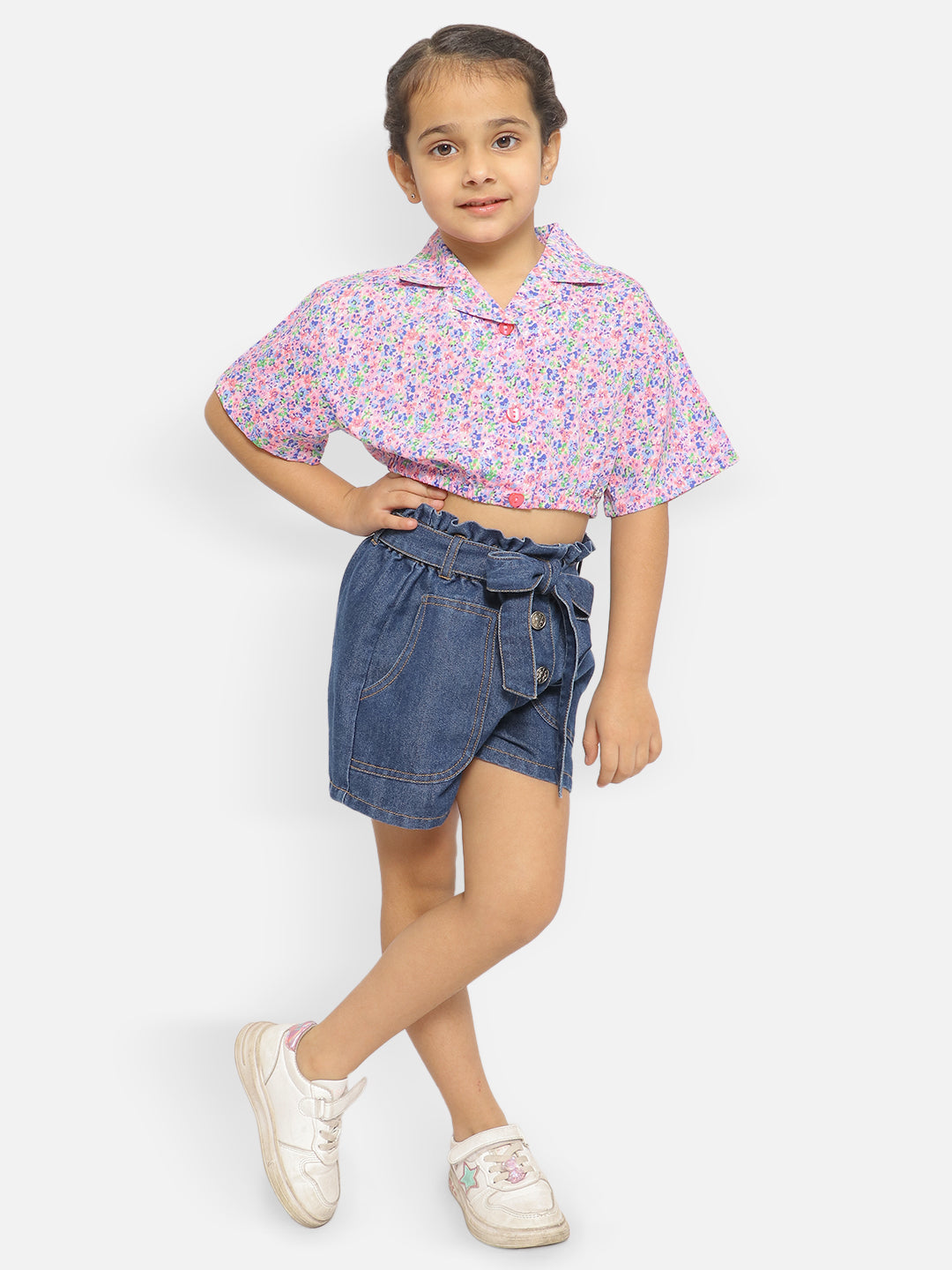 Nautinati Girls Floral Print Cropped Shirt Style Top