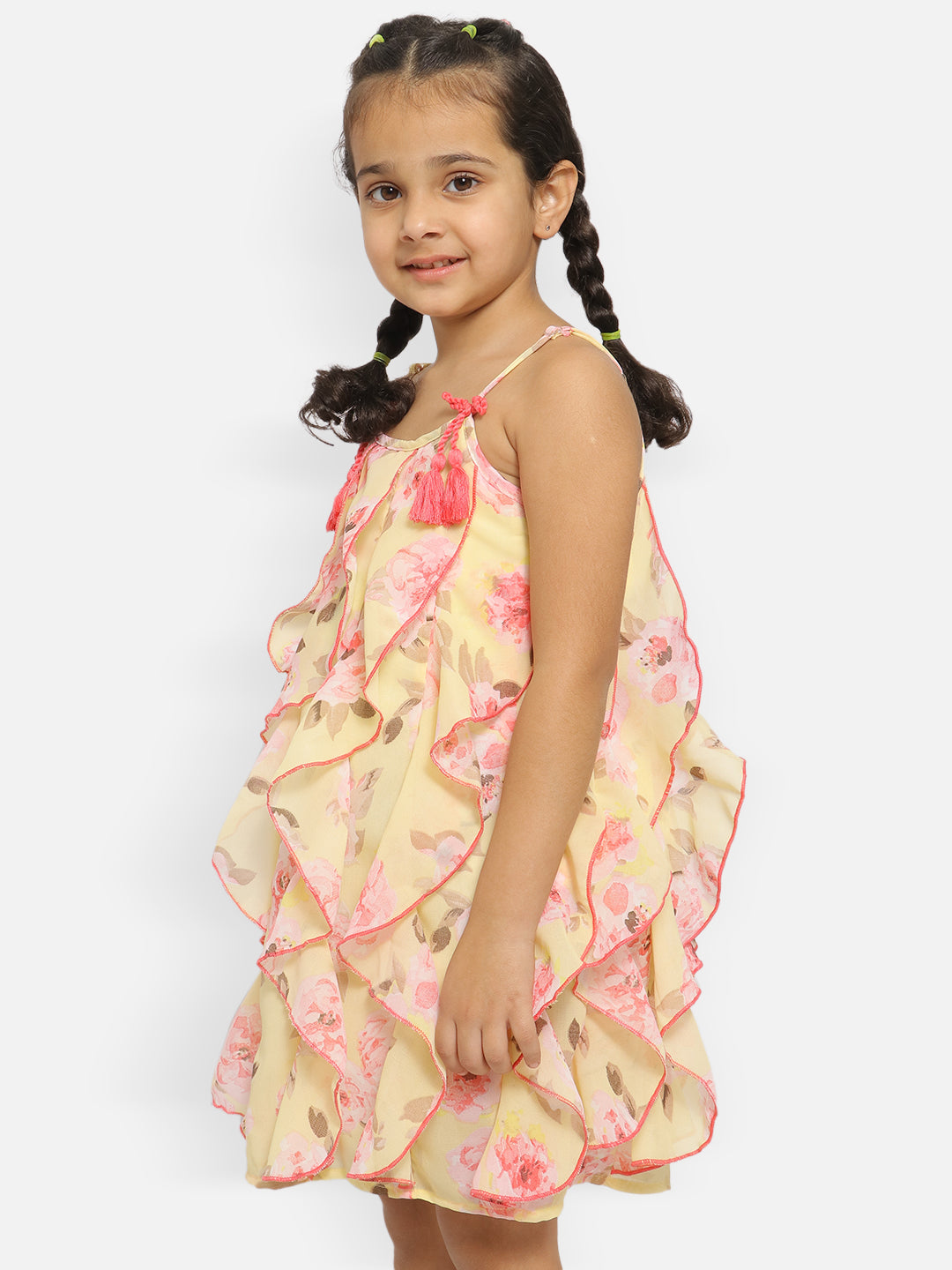 Nautinati Girls Floral Shoulder Stripes Georgette A-Line Dress