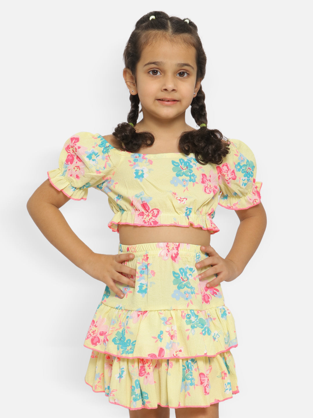 Nautinati Girls Floral Printed Off-Shoulder Top With Skirt