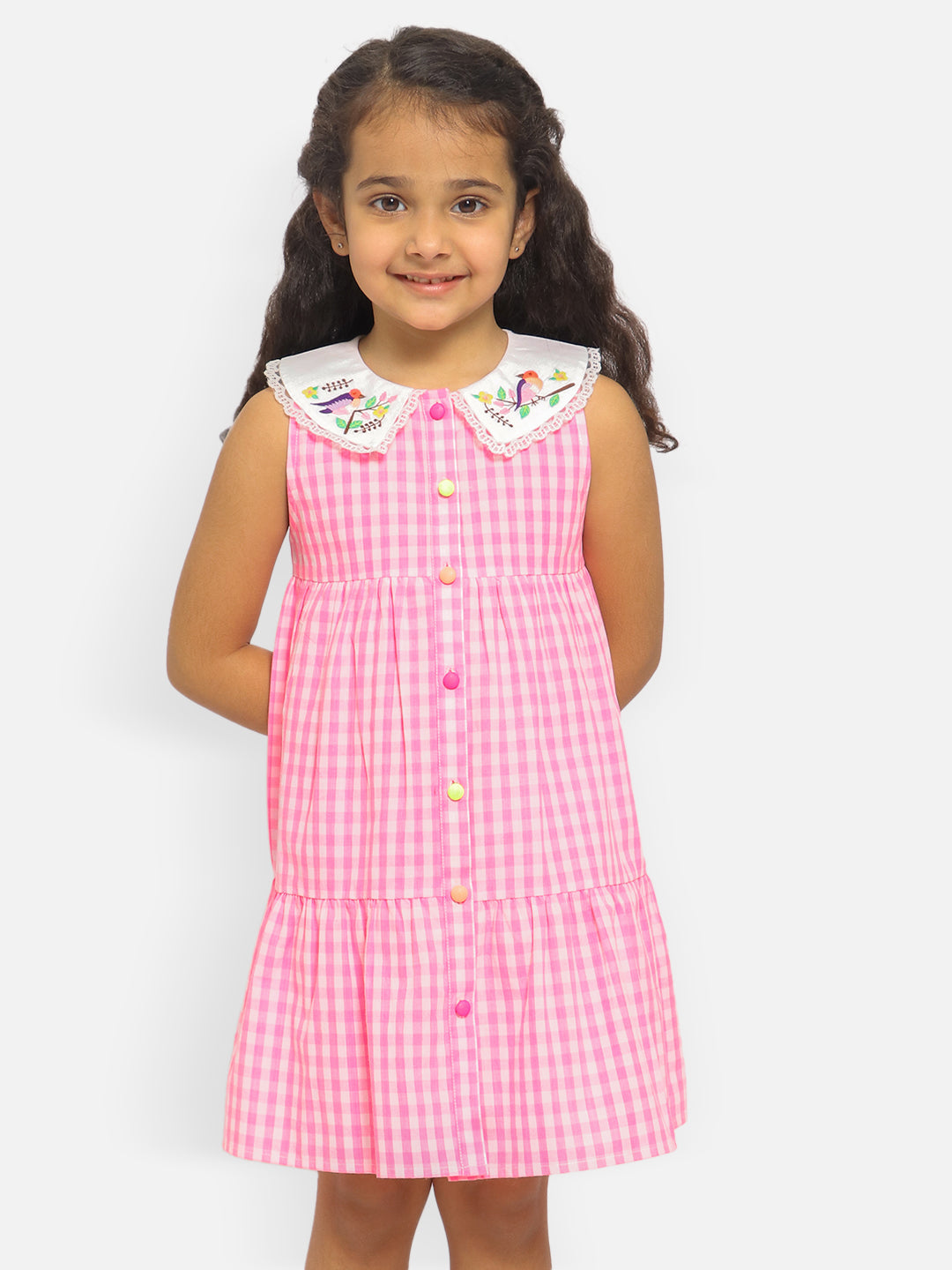 Nautinati Girls Checked Peter Pan Collar Flounce Pure Cotton A-Line Dress