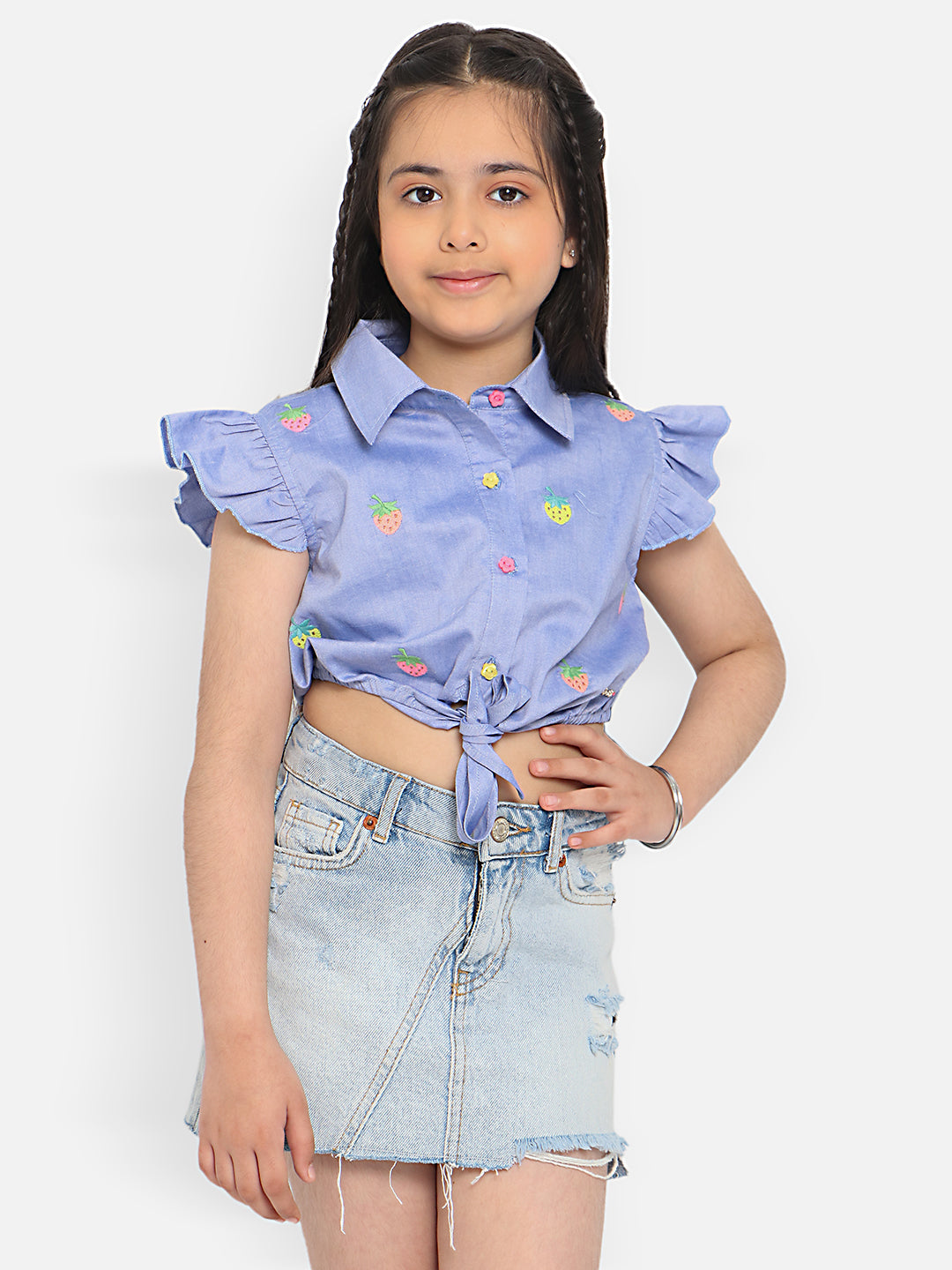 Nautinati Emboidered Flutter Sleeve Pure Cotton Chambray Shirt Style Crop Top