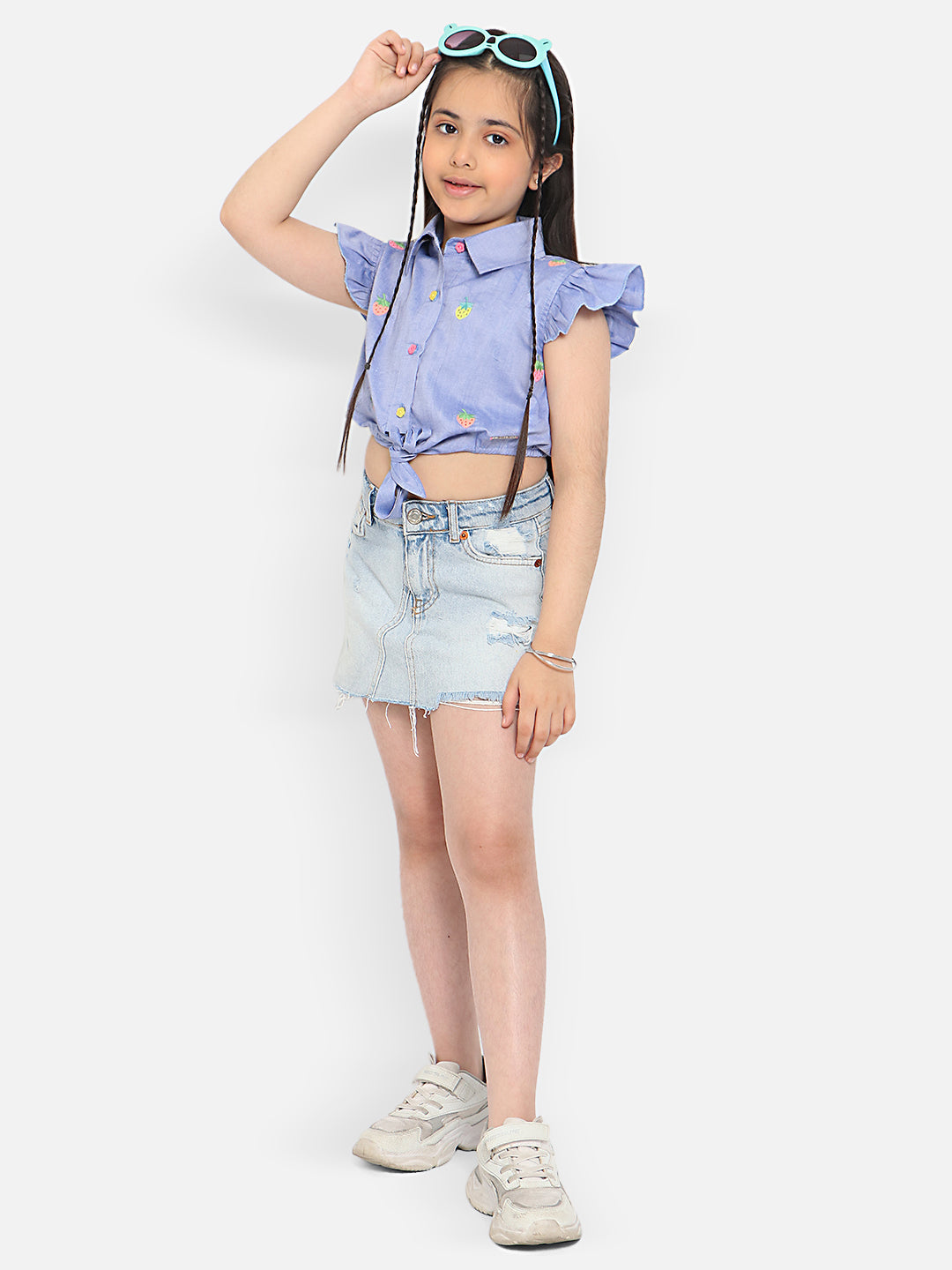 Nautinati Emboidered Flutter Sleeve Pure Cotton Chambray Shirt Style Crop Top