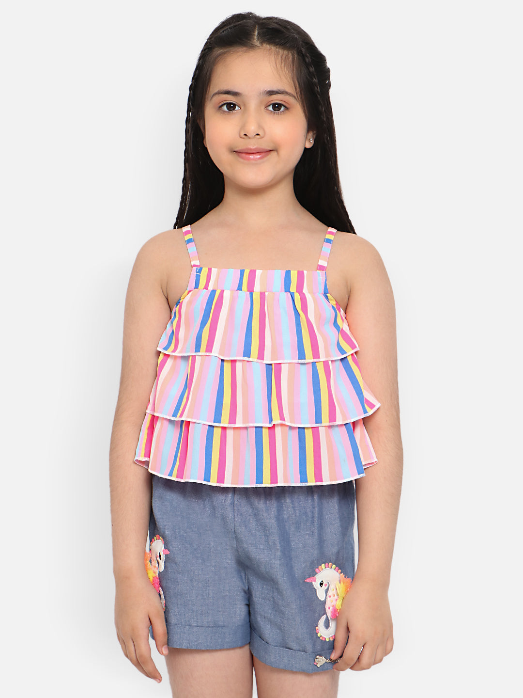 Nautinati Girls Striped Ruffles Shoulder Straps Top With Shorts