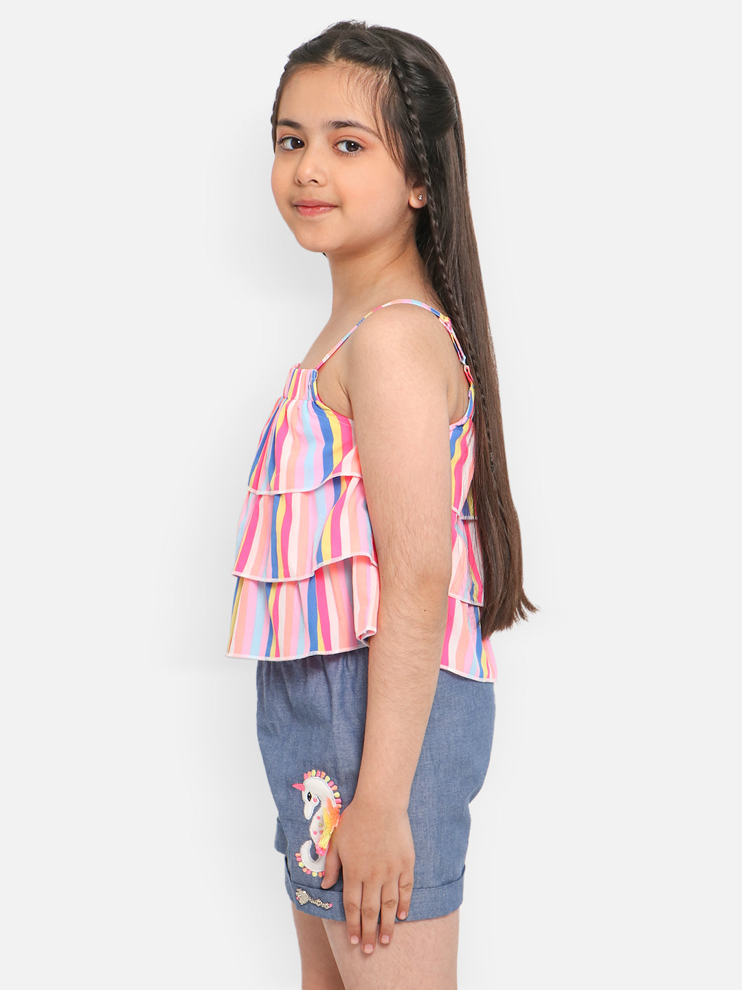 Nautinati Girls Striped Ruffles Shoulder Straps Top With Shorts