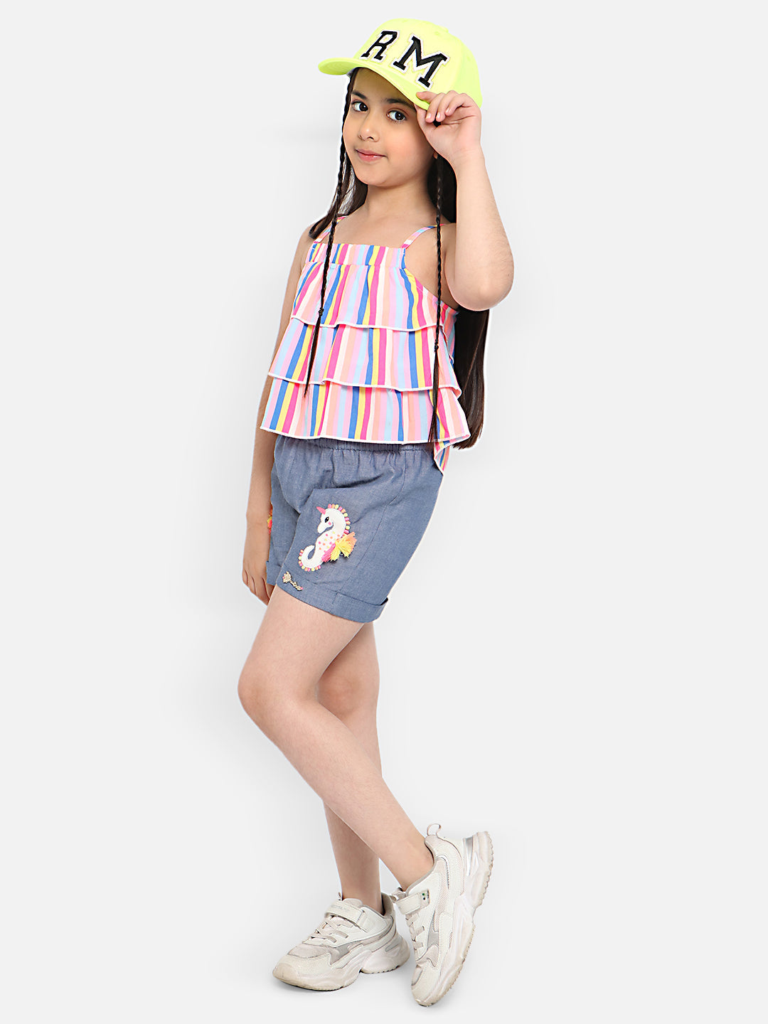 Nautinati Girls Striped Ruffles Shoulder Straps Top With Shorts