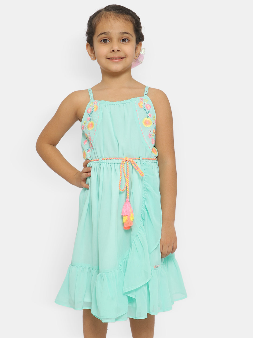 Nautinati Girls Floral Embroidered Ruffled Tie-Up Detail Fit Flare Dress