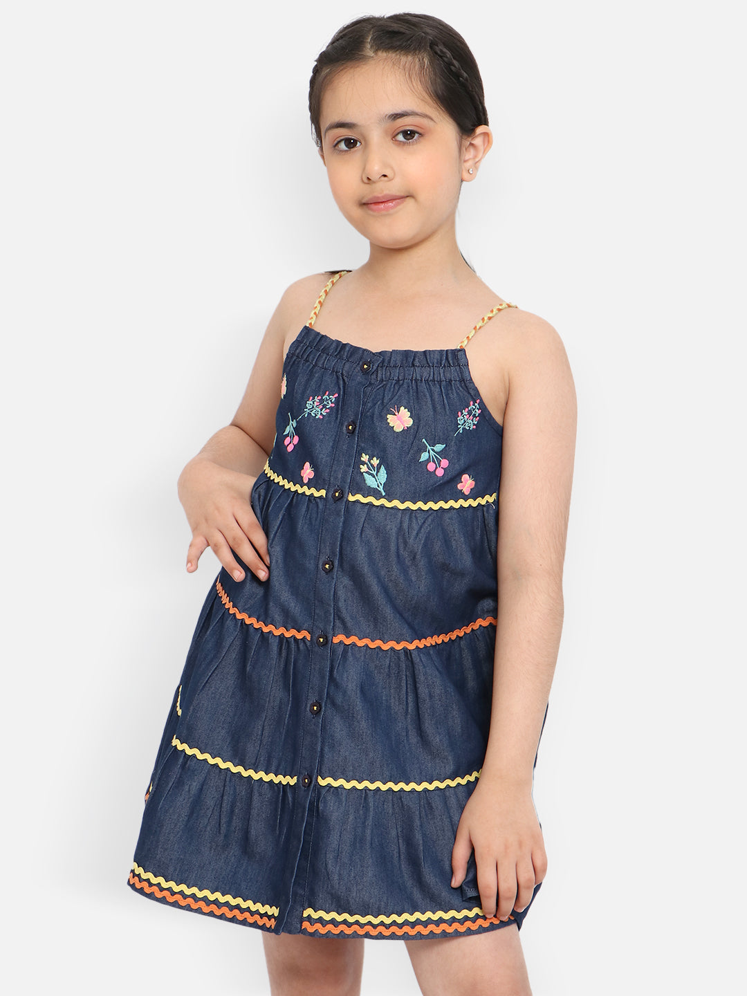 Nautinati Girls Floral Embroidered Tiered Pure Cotton A-Line Dress