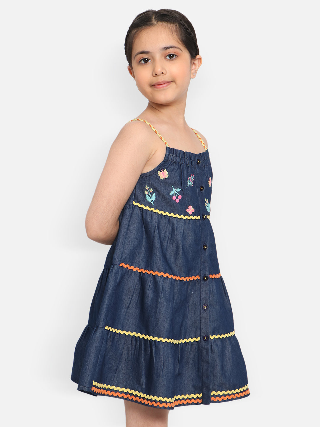 Nautinati Girls Floral Embroidered Tiered Pure Cotton A-Line Dress