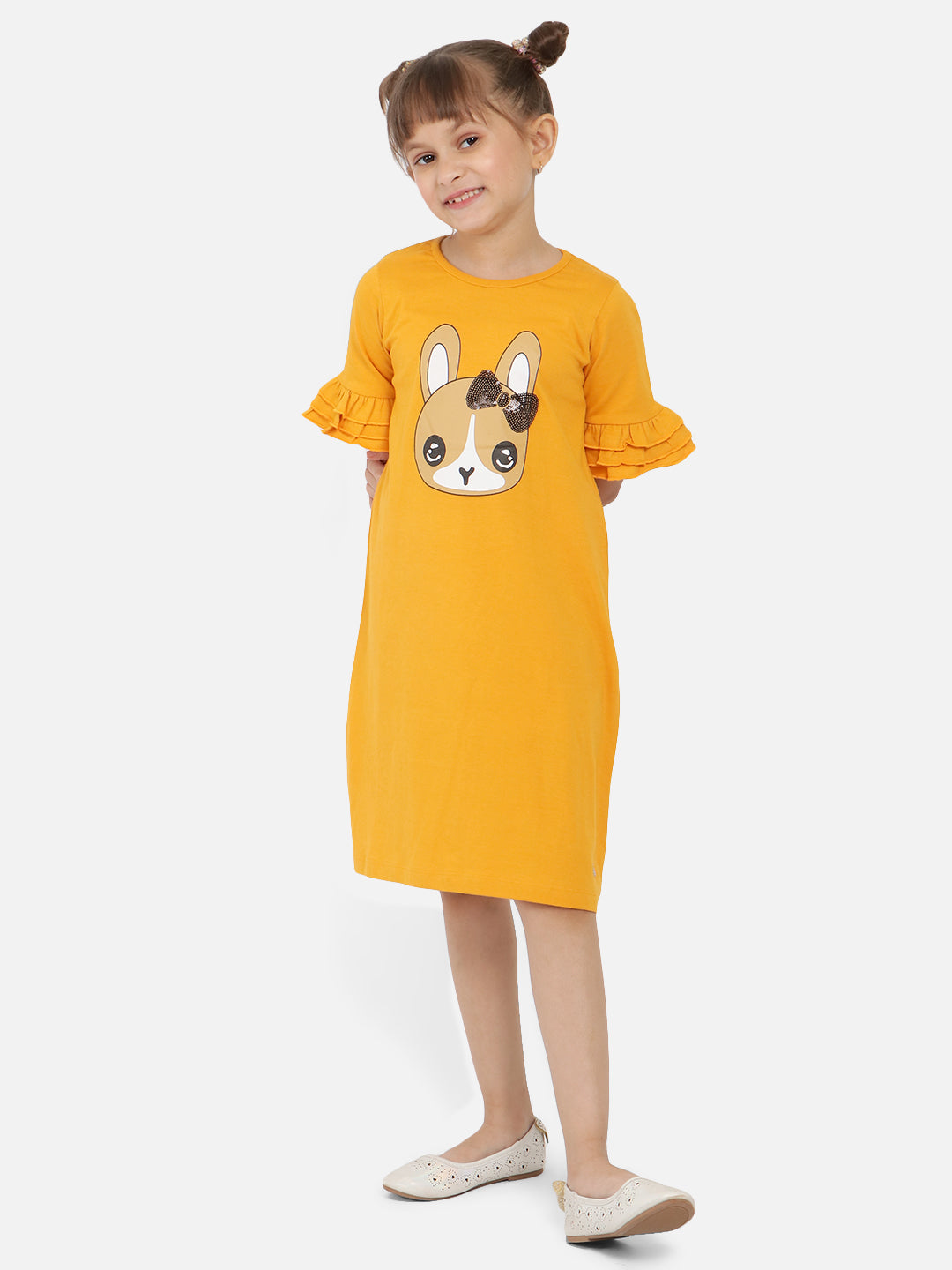 Nautinati Girls Graphic Printed Sequined Bell Sleeves Pure Cotton T-Shirt Dress