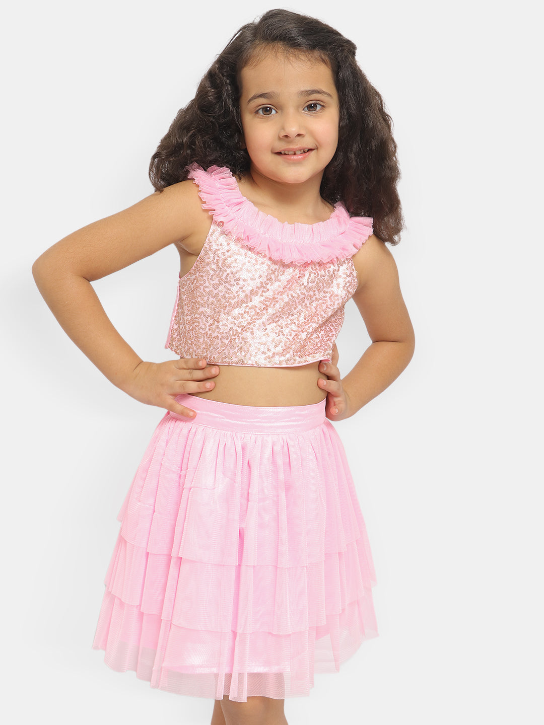 Nautinati Girls Sequined Frilled Top With Skirt