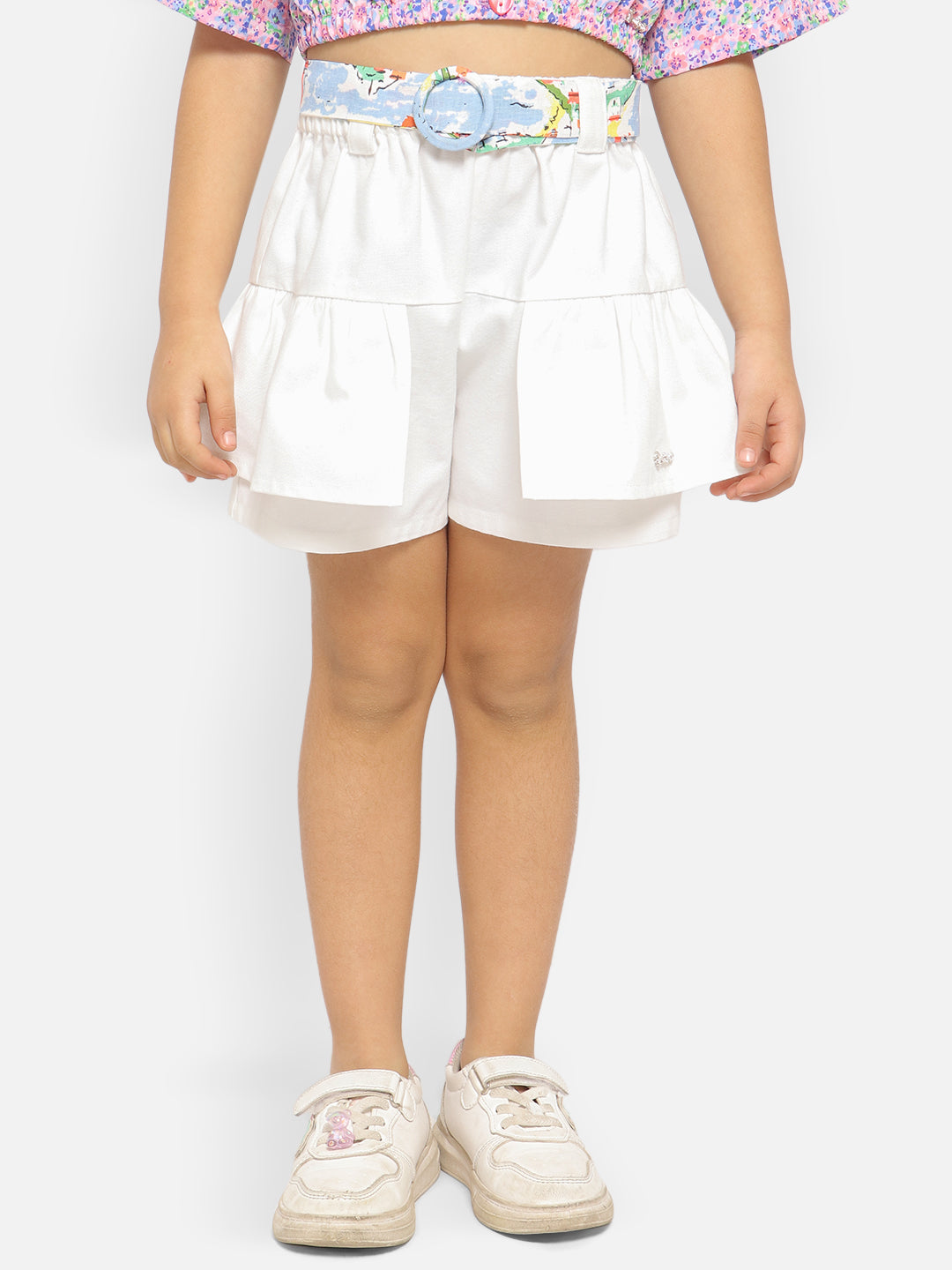 Nautinati Girls Layered Pure Cotton Casual Shorts With Waist Belt
