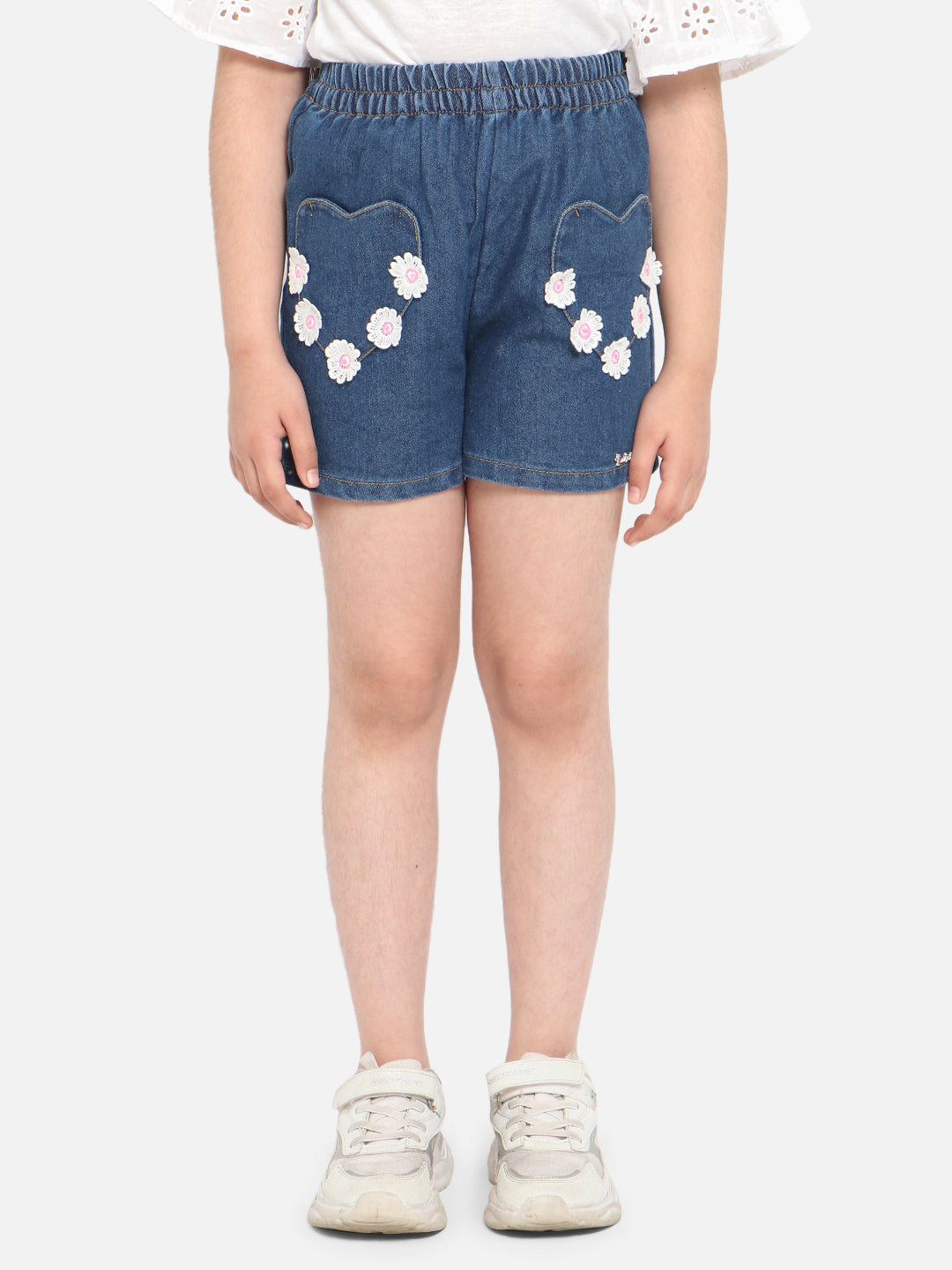 Nautinati Girls Floral Embellished Mid-Rise Denim Shorts