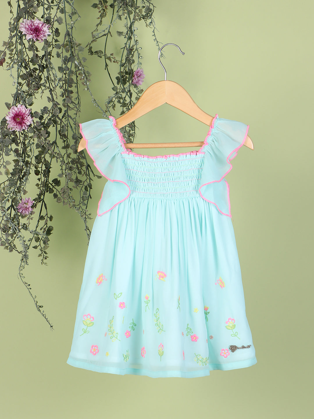 Nautinati Girls Floral Embroidered Georgette A-Line Dress