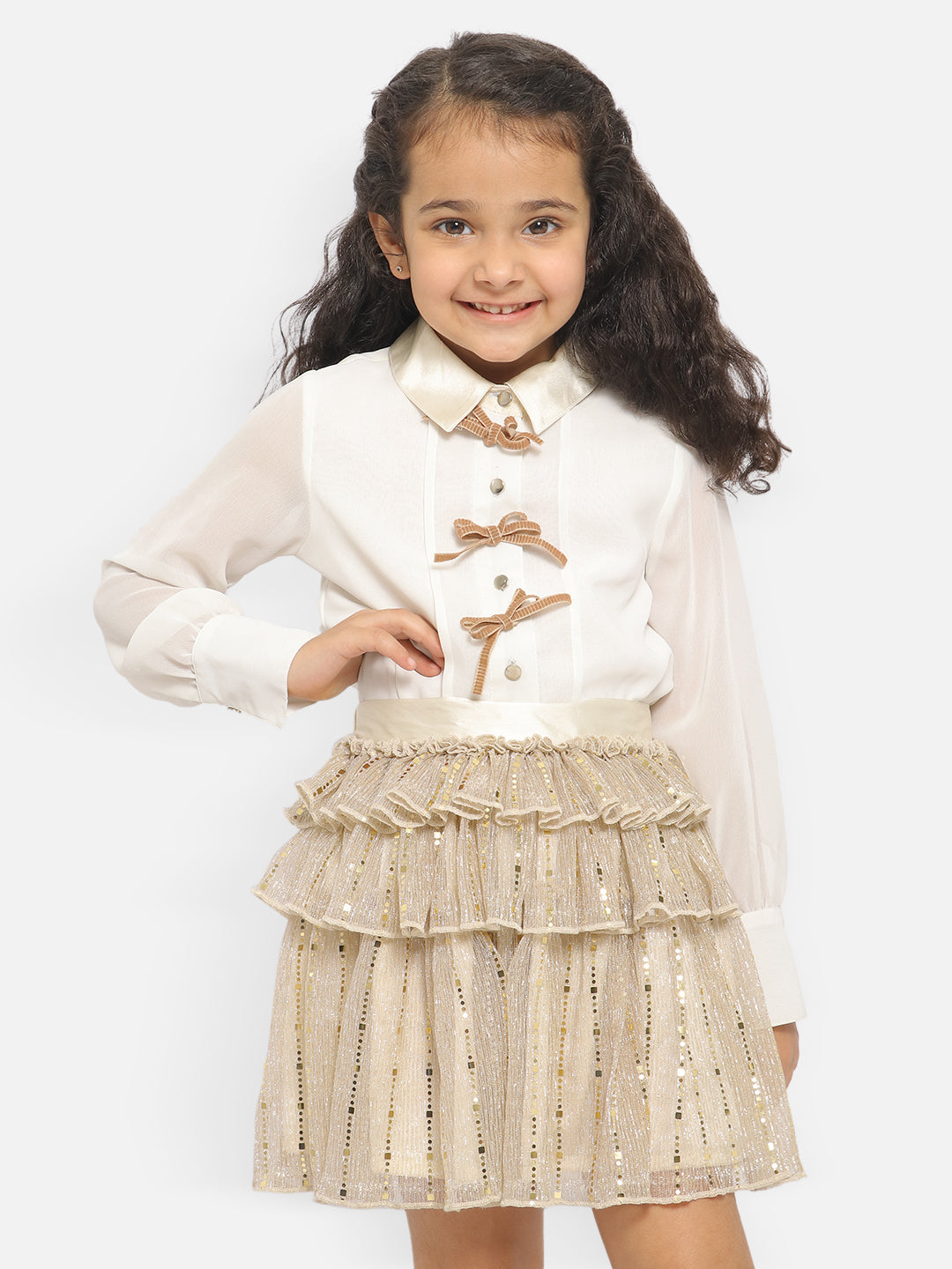 Nautinati Girls Embellished Long Sleeves Shirt Collar Shirt With Skirt