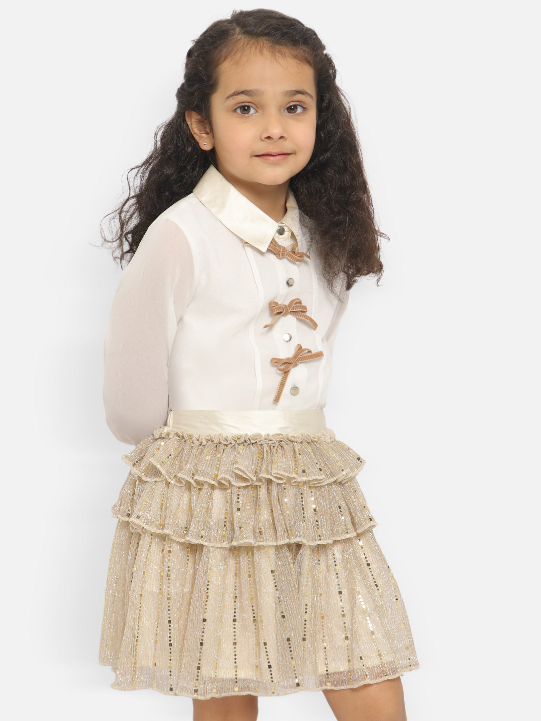 Nautinati Girls Embellished Long Sleeves Shirt Collar Shirt With Skirt