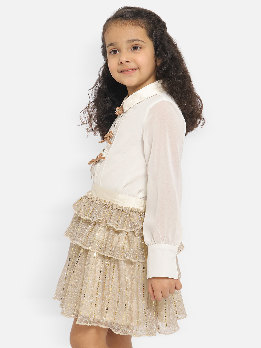 Nautinati Girls Embellished Long Sleeves Shirt Collar Shirt With Skirt