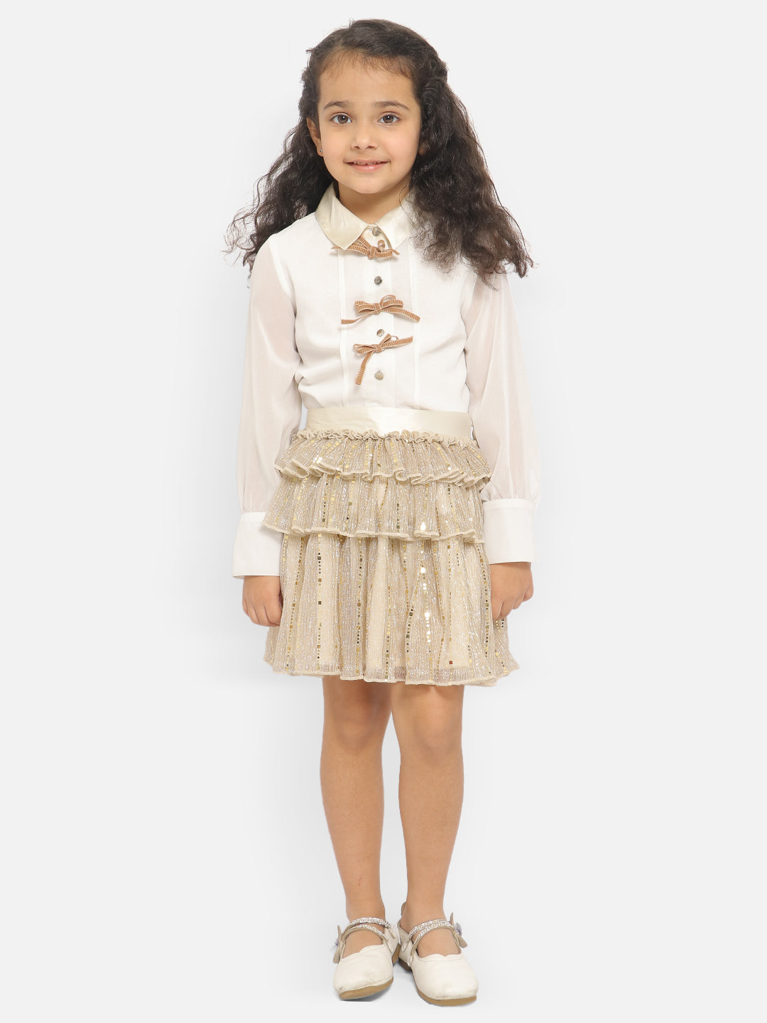 Nautinati Girls Embellished Long Sleeves Shirt Collar Shirt With Skirt