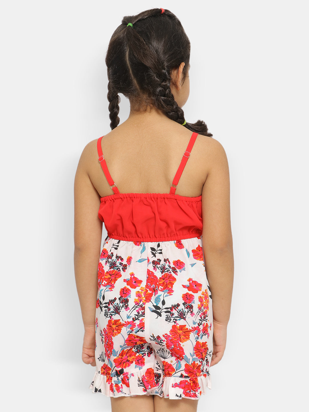 Nautinati Girls Floral Printed Shoulder Straps Ruffles Playsuit Jumpsuit