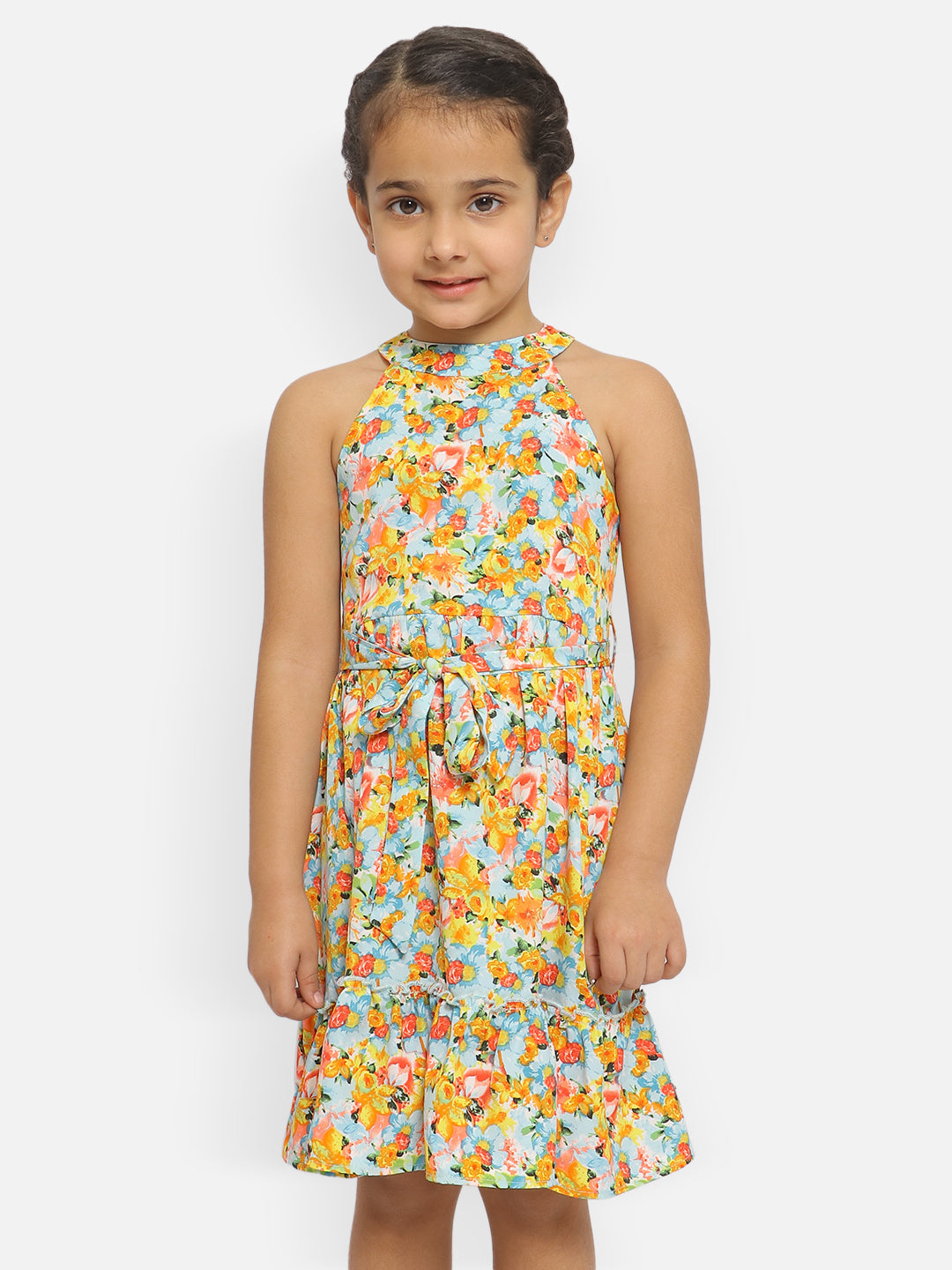 Nautinati Girls Floral Printed Halter Neck Crepe Dress