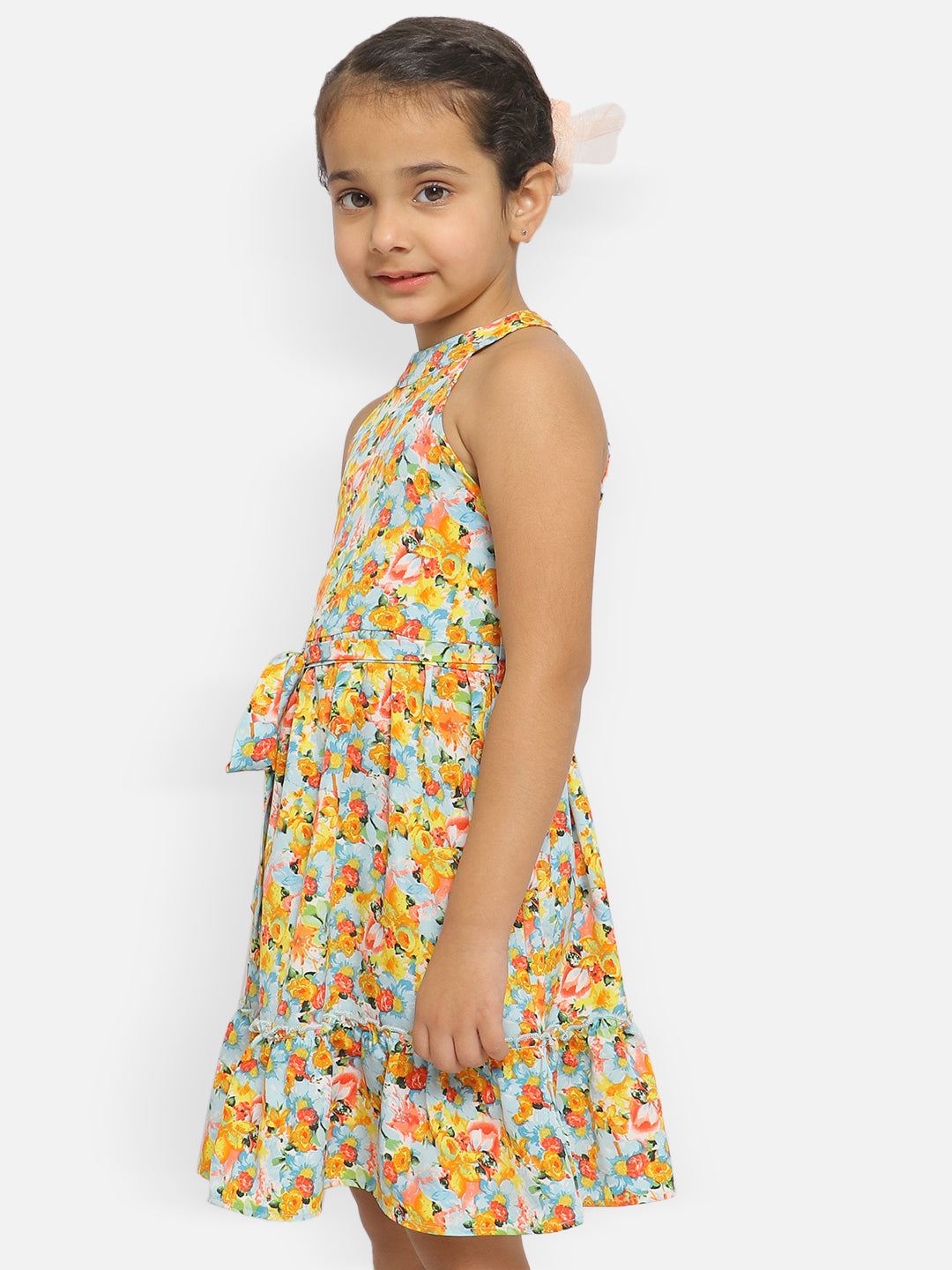 Nautinati Girls Floral Printed Halter Neck Crepe Dress