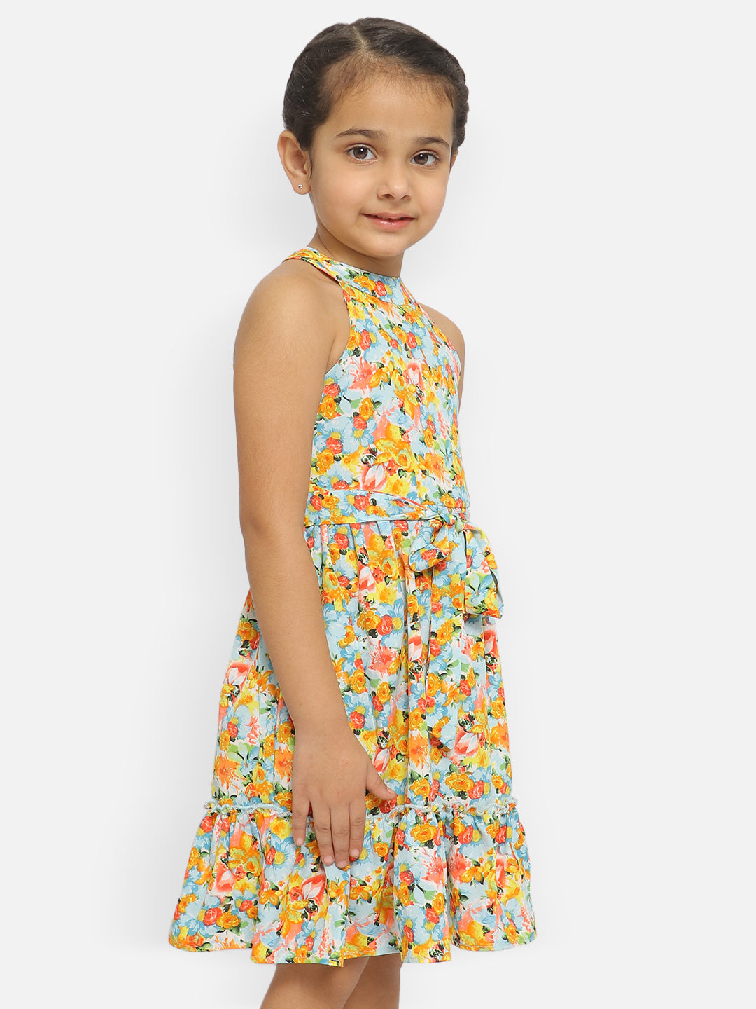 Nautinati Girls Floral Printed Halter Neck Crepe Dress