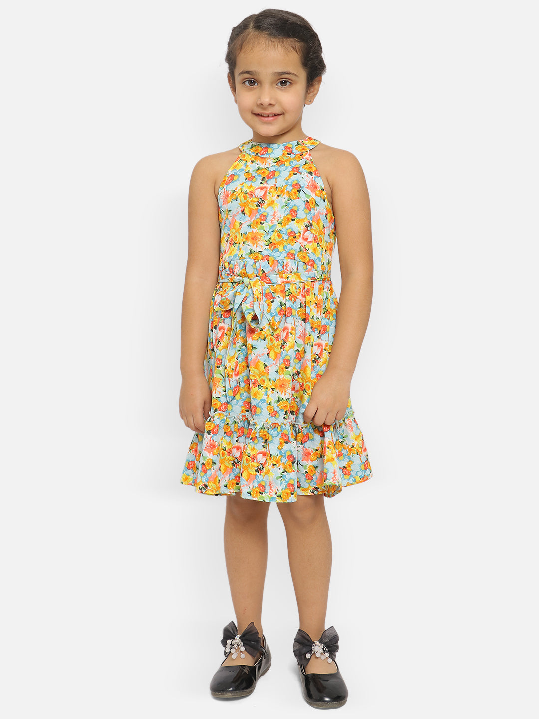 Nautinati Girls Floral Printed Halter Neck Crepe Dress