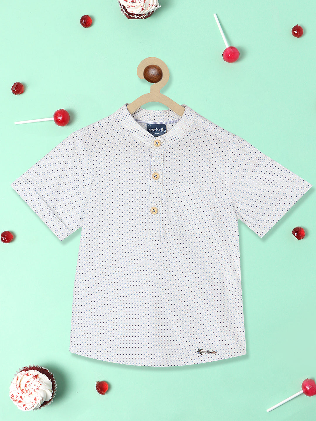 Nautinati Boys Standard Polka Dots Printed Band Collar Pure Cotton Casual Shirt