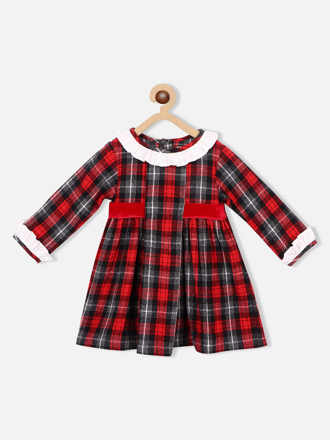 Nautinati Girls Checked Ruffled Pure Cotton Flared A-Line Dress