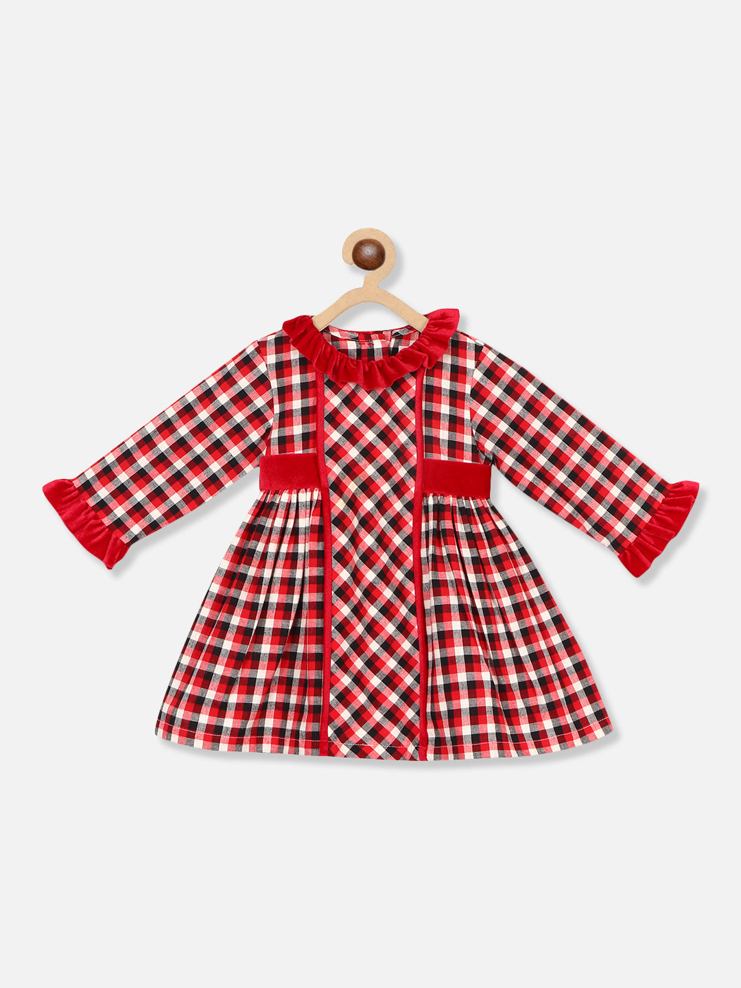 Nautinati Girls Checked Ruffled Pure Cotton A-Line Dress